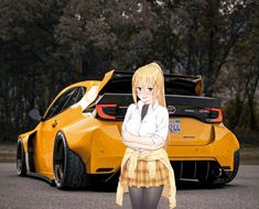 a woman standing in front of a yellow sports car