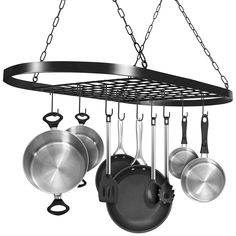 a pot rack with pots and pans hanging from it