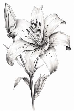 a black and white drawing of a flower on a white background, with the petals still blooming