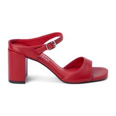 Vegan step in heeled sandal. $89.95 Modern Open Toe Sandals With 4-inch Heel, Modern Red Heels With 4-inch Heel, Red Open Toe Heels With 4-inch Heel, Spring Red Block Heels With 4-inch Heel, Red Summer Mules With Sculpted Heel, Evening Red Mules With Padded Heel, Red High Heel Sandals With Heel Loop, Red Mules With Padded Heel For Evening, Red Slingback Sandals With 4-inch Heel