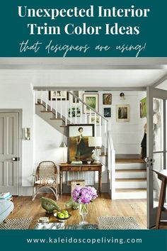 a living room with white walls and stairs in the background is an image of a staircase