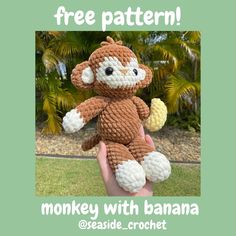 a crocheted stuffed monkey with banana on it's back and the words free pattern below