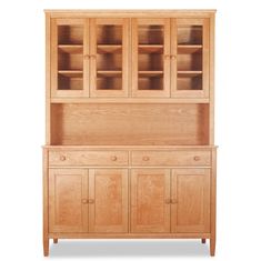 a wooden cabinet with glass doors and drawers