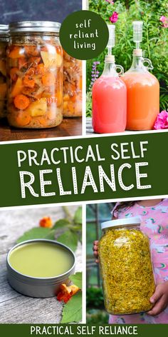 the cover of practical self reliance book with images of jars and containers filled with food