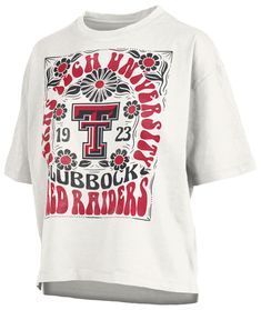 Design Short sleeve, crew-neck t-shirt Ribbed, tagless collar with interior taping Slight drop tail Feminine fit Style and Team Spirit Screen-printed vintage looking team graphics Pressbox® logo tag Additional Details Machine washable Officially licensed product Cheer Shirt, Cheer Shirts, Texas Tech Red Raiders, Red Raiders, Texas Tech, Logo Tag, Fit Style, Team Spirit, Neck T Shirt