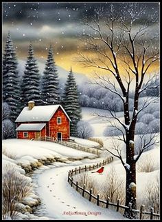 a painting of a snowy country scene with a red house and tree in the foreground