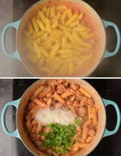 two pictures side by side showing pasta and meat in a pot