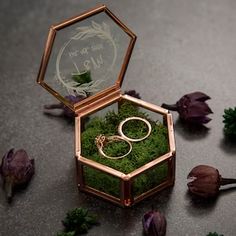 an open ring box with moss in it