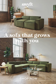 two pictures of a living room with green furniture and wood floors, one showing the sofa that grows with you