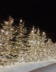 a man riding skis down a snow covered slope next to a forest filled with lights