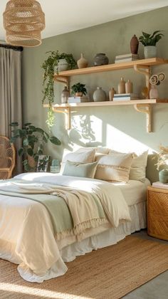 a bed sitting in a bedroom next to a wooden shelf filled with potted plants