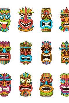 an assortment of colorful tiki masks on a white background