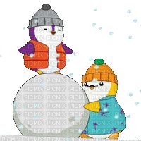 two snowmen are standing next to each other in front of a large white ball