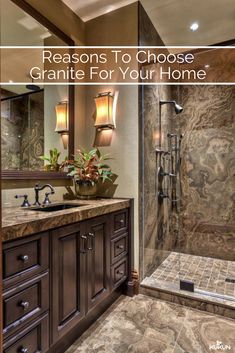 a bathroom with marble counter tops and wooden cabinets, along with a walk in shower