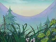 a cartoon scene with trees and grass in the foreground, mountains in the background