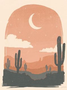 a desert scene with cacti and the moon