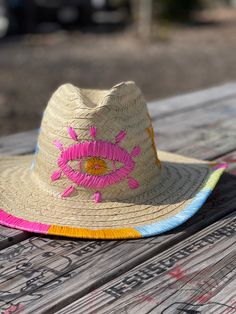 Coqueta Embroidered Hat - Bootsologie Embroidered Cowboy Hat, Evil Eye Embroidery, Colorful Evil Eye, Eye Embroidery, Embroidery Hat, Negative Vibes, Eye Motif, Canvas Hat, Raffia Hat