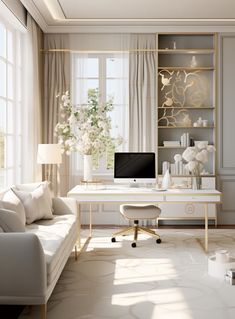 a living room filled with furniture and a computer on top of a white desk next to a window