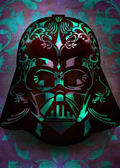 a darth vader mask is lit up in green and blue lights on a purple background