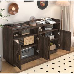 the entertainment center is made out of wood and has multiple compartments for books, magazines