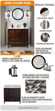 an advertisement with different types of bathroom furniture and accessories in spanish, english and spanish