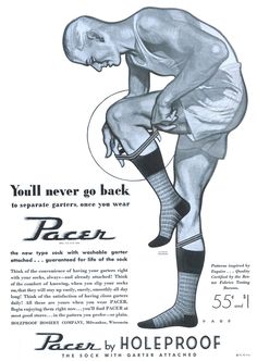 an old advertisement with a man wearing socks and holding his knee in the other hand