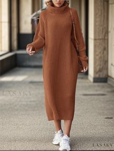 Lasaky - Long-Sleeved Knitted Turtleneck Sweater Dress for Winter, Loose Fit, Knee-Length, Perfect for Casual, Layered or Standalone Crochet Winter Dresses, Dress For Winter, Knitted Sweater Dress, Knitted Turtleneck, Fall Sweater Dress, Woolen Dresses, Winter Wardrobe Essentials, Sweater Dress Outfit, Stylish Fall Outfits