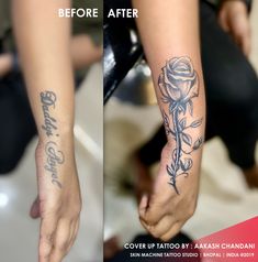 before and after photos of a tattoo on someone's arm