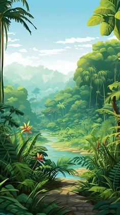 an illustration of a tropical jungle scene with trees, plants and water in the foreground