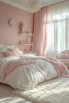 a bedroom decorated in pink and white with fluffy blankets on the bedspread, window curtains, and rugs