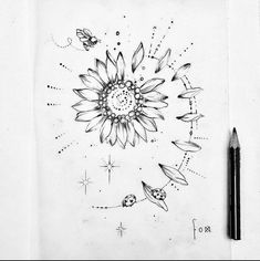 a drawing of a sunflower with butterflies and stars in the background, on top of a piece of paper