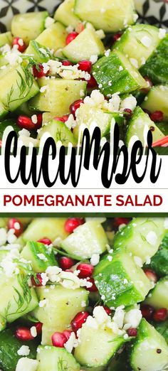 cucumber and pomegranate salad with text overlay