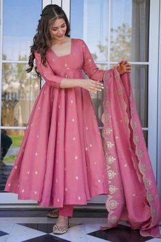 Punch Pink Silk Anarkali Pant Kameez with Embroidered Dupatta Anarkali Suits Heavy, Anarkali Dress New Design, Anarkali Organza Suit, Simple Silk Suit Designs, Silk Saree Suits Designs Idea, Simple Necklace Designs For Kurti, Back Less Kurti Designs, Anarkali Suit Designs Indian Style, Casual Anarkali Suits