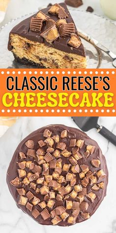 a close up of a slice of cheesecake on a plate with the words classic reese's cheesecake