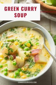 a bowl of green curry soup with peas and ham