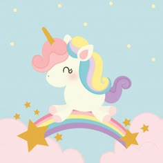 a cartoon unicorn riding on top of a rainbow with stars in the sky behind it