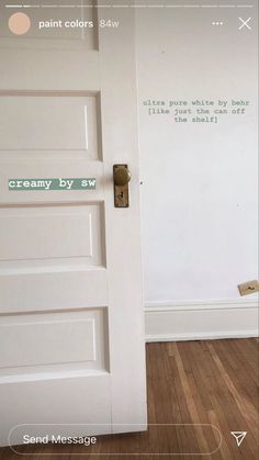 an open door with the words creamy by sw on it's side in front of a white wall