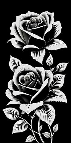 a black and white drawing of two roses