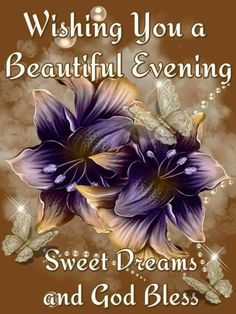 a greeting card with purple flowers and butterflies on the front, saying wishing you a beautiful evening