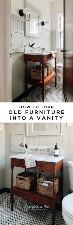 this bathroom has white walls and black and white checkered tile on the floor, along with an old - fashioned vanity