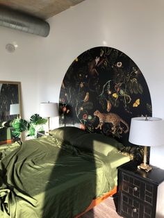 Moody Bedroom Scheme
Jungle Vibes
Custom Arch Wallpaper
Green Bedding
Industrial Loft Dreamy Dark Bedroom, Black Bed Dark Walls, Moody Maximalist Bedding, Moody Eccentric Bedroom, Jungle Maximalist Bedroom, Dark Moody Eclectic Bedroom, Tropical Goth Bedroom, Moody Boho Interior Design, Botanical Goth Bedroom