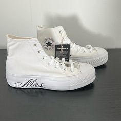 White Converse With “Mrs.” Print New With Tags! Only Worn To Try On Vans Bride Shoes, White Converse For Wedding, Wedding High Top Converse, White Wedding Converse, Converse Wedding Shoes Bride, Wedding Dress With Converse, Bride And Groom Converse, Wedding Converse Bride, Wedding Shoes Converse