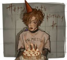 a drawing of a boy holding a cake with candles on it and wearing a party hat