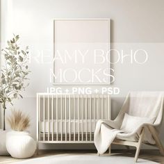 a white baby crib next to a potted plant and a framed photograph on the wall