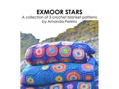 three crochet blankets stacked on top of each other with the title exmoor stars