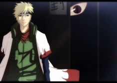 an anime character with blonde hair and green vest standing in front of a black background