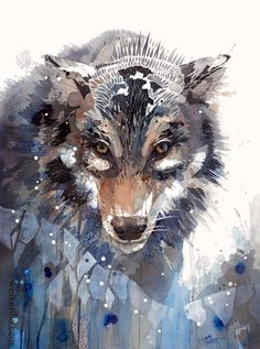 a painting of a wolf with snow on it's face and the eyes open