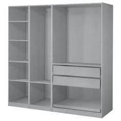 an open closet with shelves and drawers