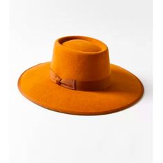 Set Sail Alongside Nora, A Full-Brim Hat Made Of Velvety Felt With A Coordinating Ribbon Band. Flat Crown Features A Dimpled Structure. Size Circumference 22.5” Crown 4.25” Brim 3.75” Fitted Orange Hat With Short Brim, Orange Fitted Hat With Short Brim, Orange Flat Brim Hat, Fitted Wide Brim Orange Hat, Fitted Orange Casual Hat, Fitted Casual Orange Hat, Orange Wide Brim Sun Hat, Trendy Orange Wide Brim Hat, Orange Sun Hat With Curved Brim