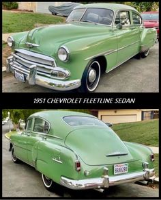 an old green car parked in front of a house with the same color as it is